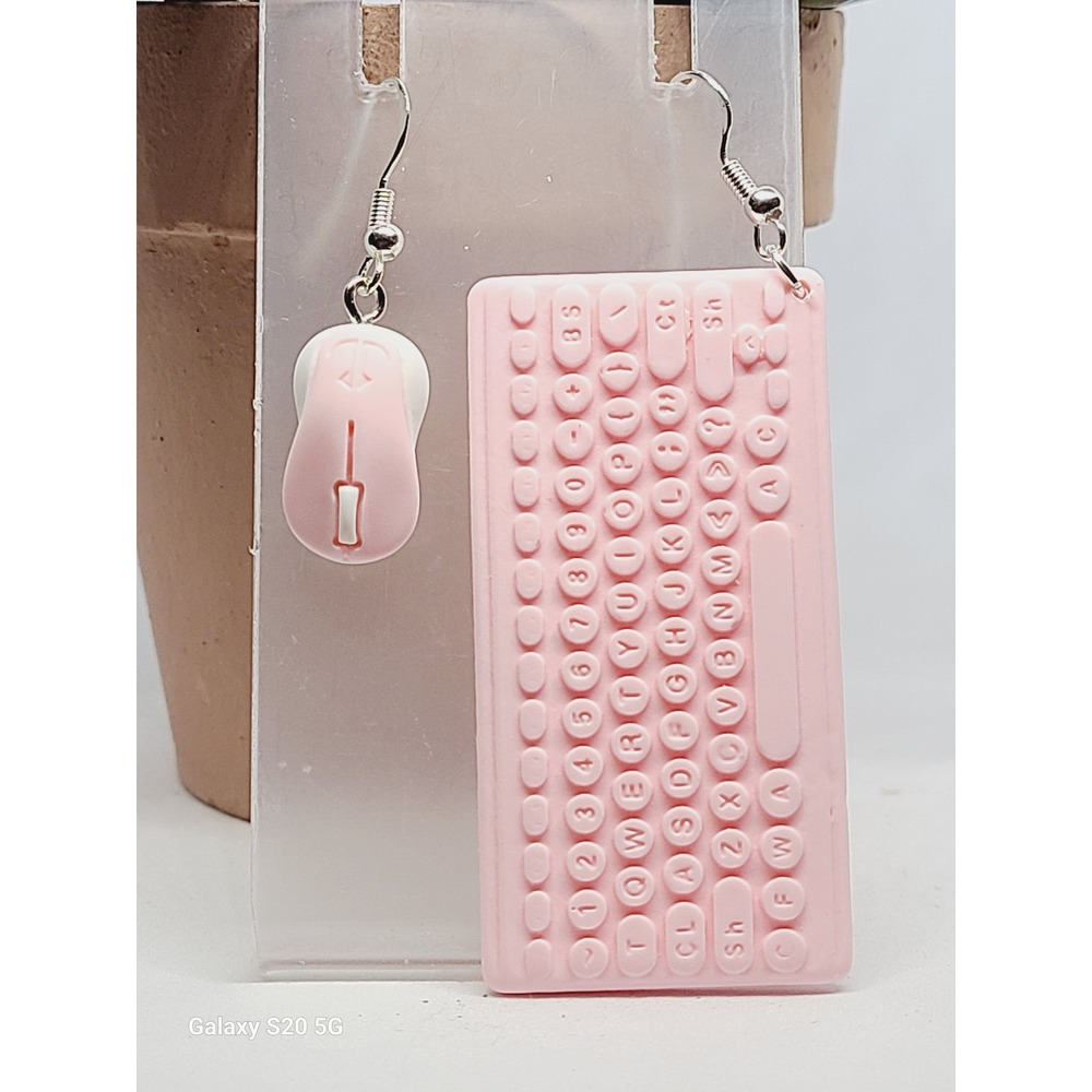 Pink Keyboard and Mouse Mismatched Dangle Earrings Tech Gamer Girl Novelty